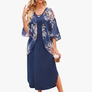 Summer Maxi Dress 2 Piece Outfit Sleeveless Loose Split Dresses with Cover up